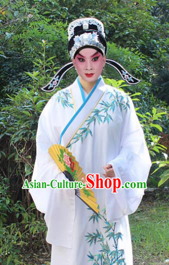 Traditional China Beijing Opera Niche Costume Lang Scholar White Embroidered Robe and Headwear, Ancient Chinese Peking Opera Embroidery Gwanbok Clothing