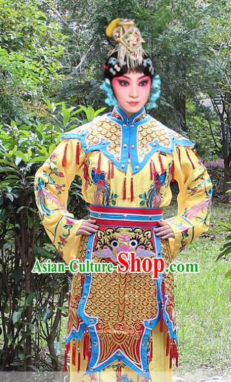 Traditional China Beijing Opera Young Lady Costume Swordplay Yellow Embroidered Robe and Headwear, Ancient Chinese Peking Opera Blues Embroidery Dress Clothing