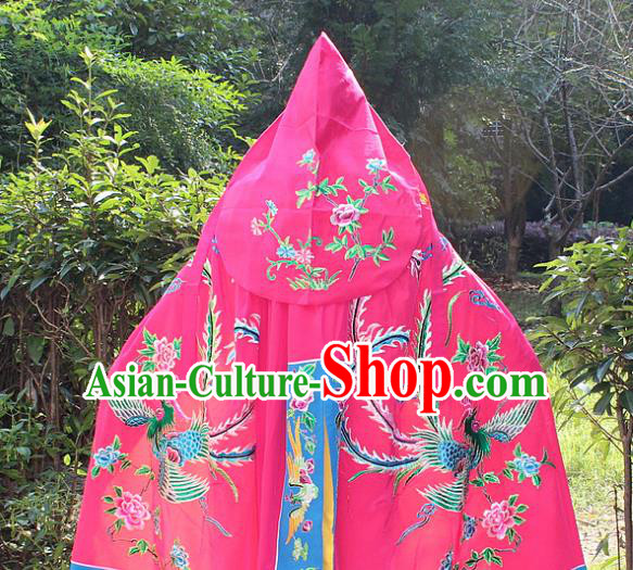Traditional China Beijing Opera Young Lady Costume Diva Embroidered Phoenix Peach Pink Cloak, Ancient Chinese Peking Opera Hua Tan Embroidery Cape Clothing