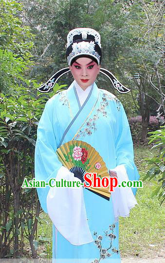 Traditional China Beijing Opera Niche Costume Lang Scholar Embroidered Robe and Headwear, Ancient Chinese Peking Opera Embroidery Blue Gwanbok Clothing