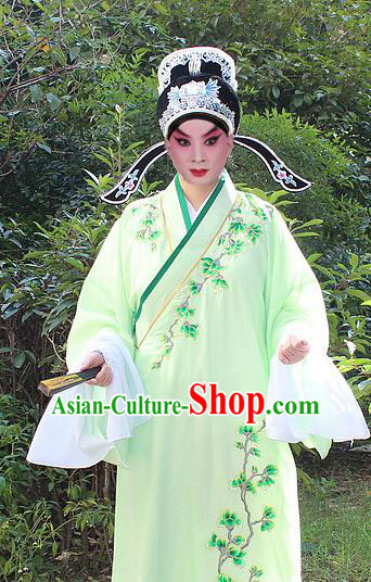 Traditional China Beijing Opera Niche Costume Lang Scholar Embroidered Robe and Headwear, Ancient Chinese Peking Opera Embroidery Green Xiucai Gwanbok Clothing