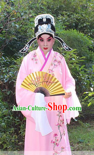 Traditional China Beijing Opera Niche Costume Scholar Embroidered Robe and Headwear, Ancient Chinese Peking Opera Embroidery Pink Xiucai Gwanbok Clothing