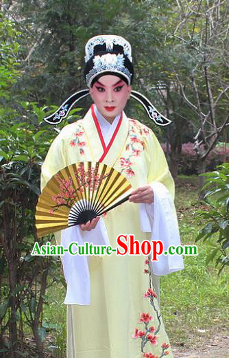 Traditional China Beijing Opera Niche Costume Scholar Embroidered Robe and Headwear, Ancient Chinese Peking Opera Embroidery Yellow Xiucai Gwanbok Clothing