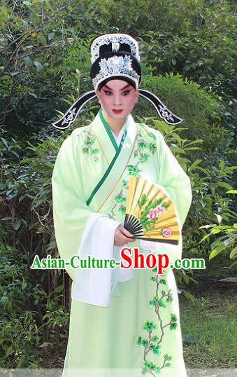 Traditional China Beijing Opera Niche Costume Scholar Embroidered Robe and Headwear, Ancient Chinese Peking Opera Embroidery Green Xiucai Gwanbok Clothing