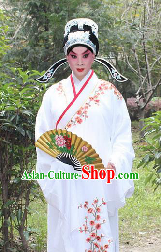 Traditional China Beijing Opera Niche Costume Scholar Embroidered Robe and Headwear, Ancient Chinese Peking Opera Embroidery White Xiucai Gwanbok Clothing