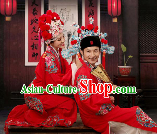 Traditional China Beijing Opera Costume Groom and Bride Embroidered Robe and Headwear, Ancient Chinese Peking Opera Embroidery Clothing