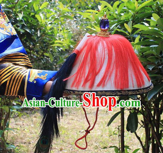 Traditional China Beijing Opera Officer Minister Hat, Ancient Chinese Peking Opera Qing Dynasty Manchu Eunuch Headwear Flowers Ling