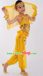 Traditional Indian Classical Dance Belly Dance Costume, India China Uyghur Nationality Dance Clothing Yellow Paillette Uniform for Kids