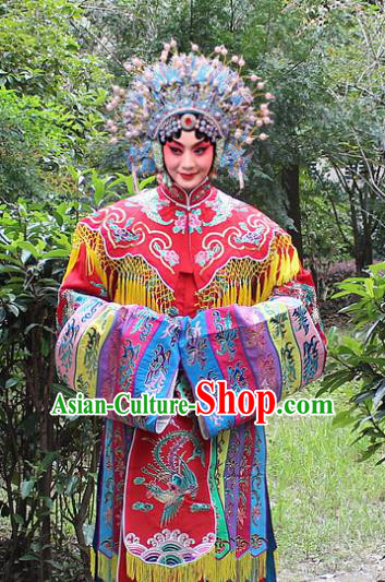 Traditional China Beijing Opera Palace Lady Hua Tan Costume Imperial Princess Red Embroidered Robe and Headwear, Ancient Chinese Peking Opera Female Diva Embroidery Dress Clothing