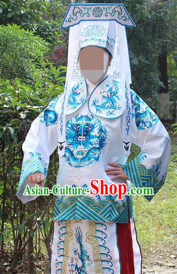 Traditional China Beijing Opera Takefu Costume Imperial Bodyguard White Embroidered Robe and Hat, Ancient Chinese Peking Opera Embroidery Gwanbok Clothing