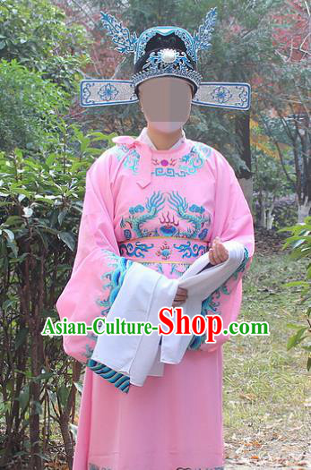 Traditional China Beijing Opera Niche Costume Lang Scholar Pink Embroidered Robe and Hat, Ancient Chinese Peking Opera Embroidery Emperor Son-in-law Gwanbok Clothing