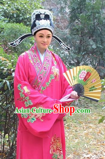 Traditional China Beijing Opera Niche Costume Scholar Peach Pink Embroidered Robe and Hat, Ancient Chinese Peking Opera Embroidery Chrysanthemum Clothing