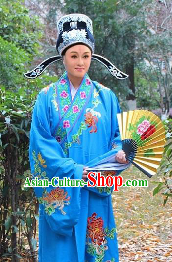 Traditional China Beijing Opera Niche Costume Scholar Blue Embroidered Robe and Hat, Ancient Chinese Peking Opera Embroidery Chrysanthemum Clothing