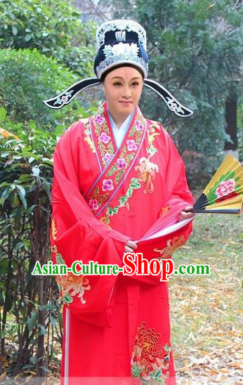 Traditional China Beijing Opera Niche Costume Scholar Red Embroidered Robe and Hat, Ancient Chinese Peking Opera Embroidery Chrysanthemum Clothing