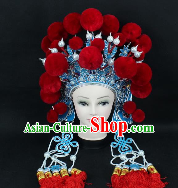Traditional China Beijing Opera Swordplay Hair Accessories Red Venonat Hat, Ancient Chinese Peking Opera Blues Headwear Phoenix Coronet