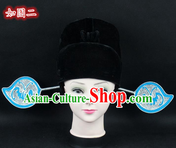 Traditional China Beijing Opera Young Men Hair Accessories Pierrot Hat, Ancient Chinese Peking Opera Magistrates Black Gauze Cap