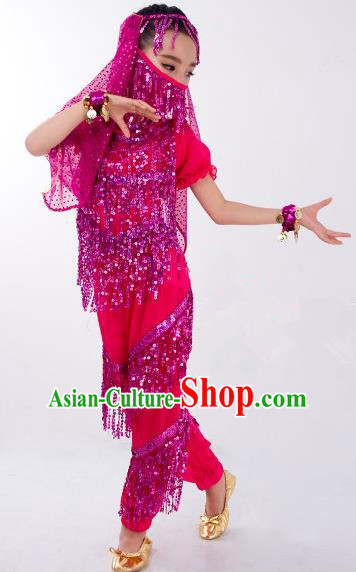 Traditional Indian Classical Dance Belly Dance Costume and Headwear, India China Uyghur Nationality Dance Clothing Rosy Uniform for Kids