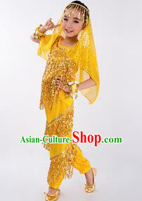 Traditional Indian Classical Dance Belly Dance Costume and Headwear, India China Uyghur Nationality Dance Clothing Yellow Uniform for Kids