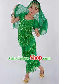 Traditional Indian Classical Dance Belly Dance Costume and Headwear, India China Uyghur Nationality Dance Clothing Green Uniform for Kids