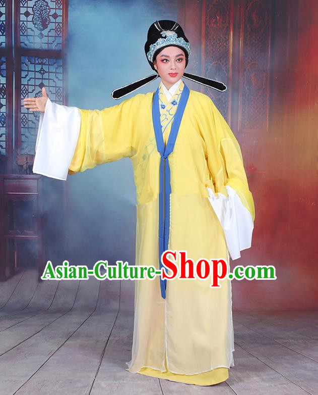 Traditional China Beijing Opera Niche Costume Gifted Scholar Embroidered Robe and Headwear, Ancient Chinese Peking Opera Embroidery Yellow Clothing