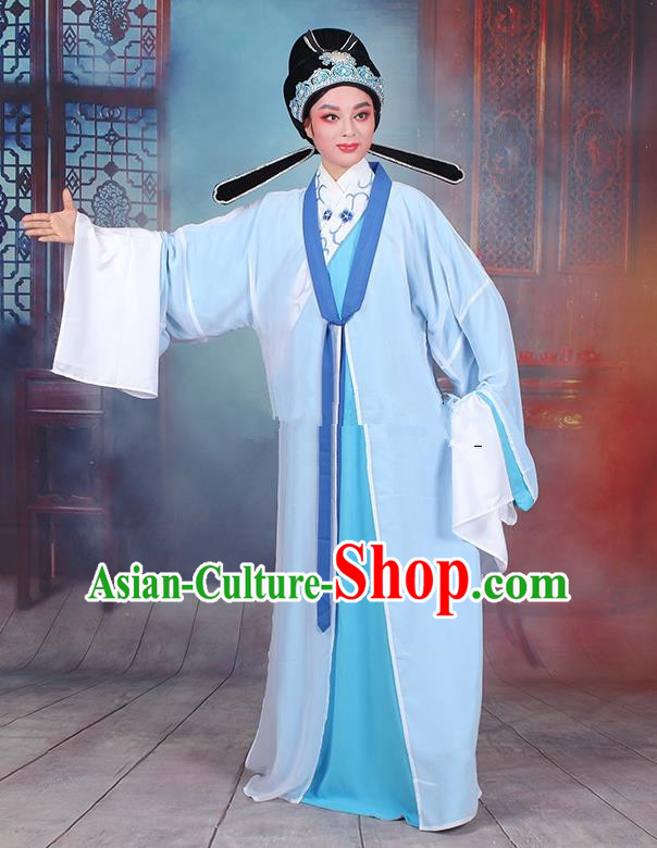 Traditional China Beijing Opera Niche Costume Gifted Scholar Embroidered Robe and Headwear, Ancient Chinese Peking Opera Embroidery Blue Clothing