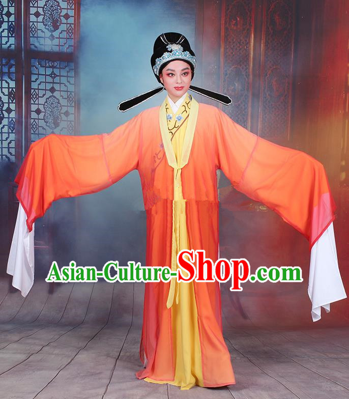 Traditional China Beijing Opera Niche Costume Gifted Scholar Embroidered Robe and Headwear, Ancient Chinese Peking Opera Embroidery Orange Clothing