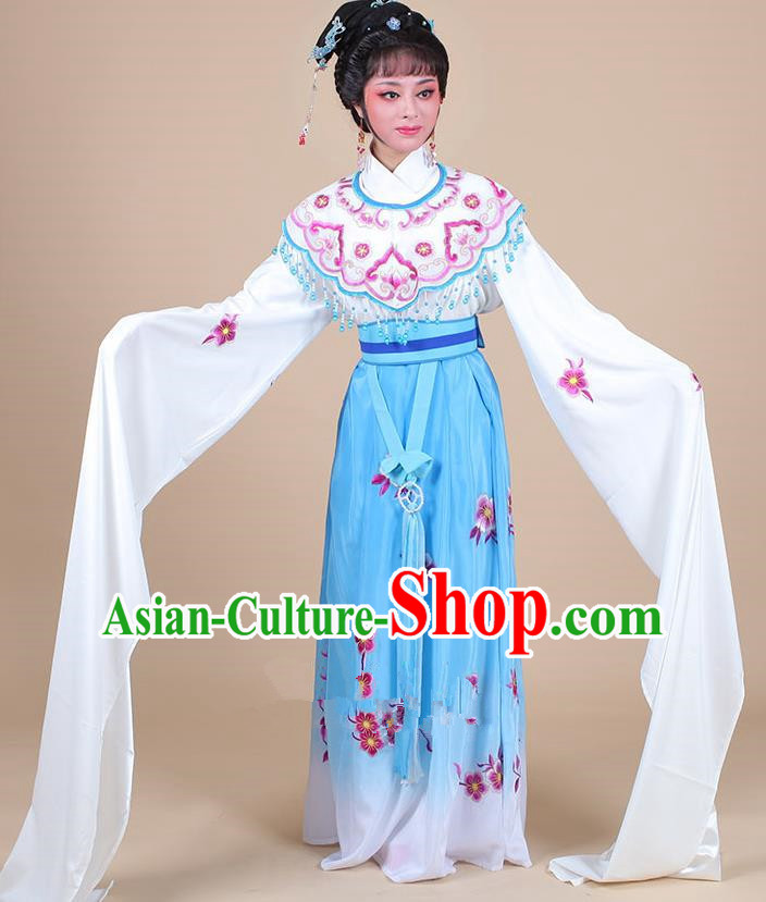 Traditional China Beijing Opera Young Lady Hua Tan Costume Female Water Sleeve Dance Blue Clothing, Ancient Chinese Peking Opera Diva Embroidery Plum Blossom Dress