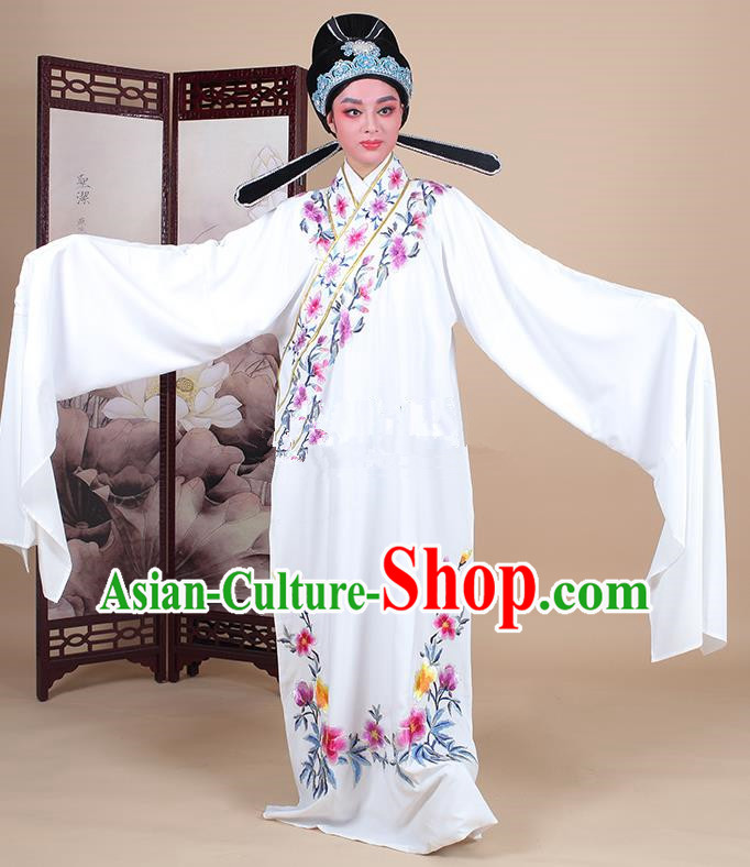 Traditional China Beijing Opera Niche Costume Lang Scholar Embroidered White Robe and Headwear, Ancient Chinese Peking Opera Embroidery Clothing