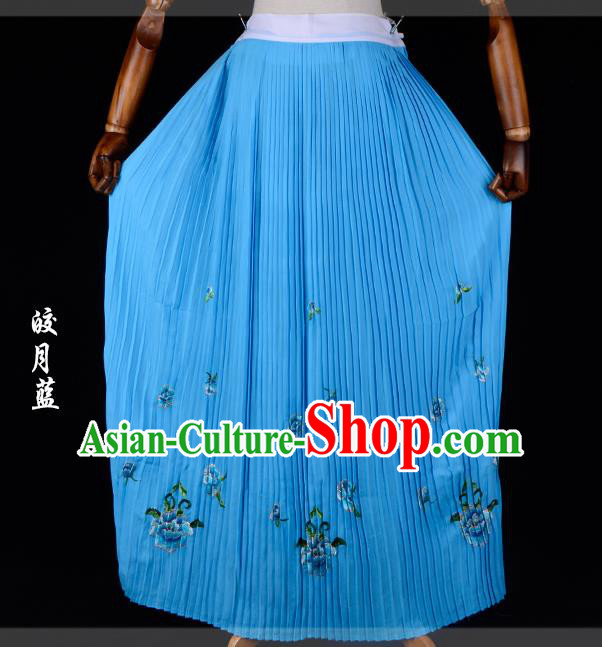 Traditional China Beijing Opera Young Lady Hua Tan Costume Female Embroidered Deep Blue Pleated Skirt, Ancient Chinese Peking Opera Diva Embroidery Peony Dress Bust Skirt