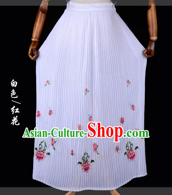 Traditional China Beijing Opera Young Lady Hua Tan Costume Female Embroidered White Pleated Skirt, Ancient Chinese Peking Opera Diva Embroidery Peony Dress Bust Skirt