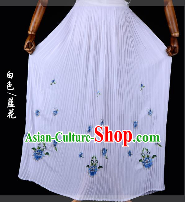 Traditional China Beijing Opera Young Lady Hua Tan Costume Female Embroidered White Pleated Skirt, Ancient Chinese Peking Opera Diva Embroidery Peony Dress Bust Skirt