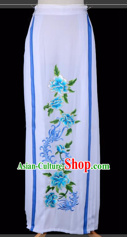 Traditional China Beijing Opera Young Lady Hua Tan Costume Embroidered Pleated Skirt, Ancient Chinese Peking Opera Diva Embroidery Blue Peony Dress Bust Skirt