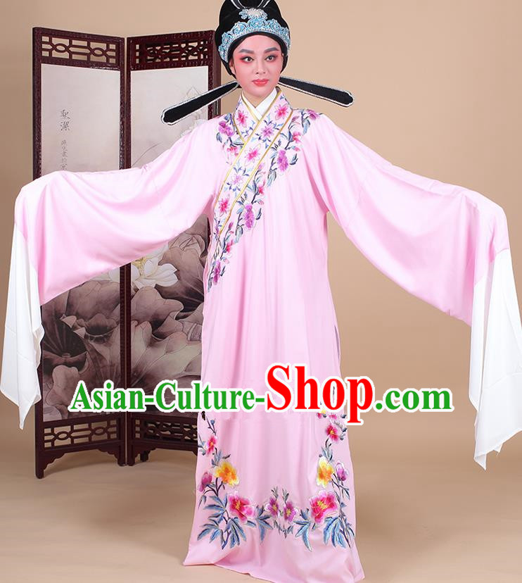 Traditional China Beijing Opera Niche Costume Lang Scholar Embroidered Pink Robe and Headwear, Ancient Chinese Peking Opera Embroidery Clothing