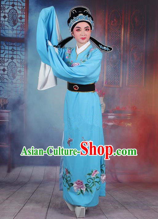 Traditional China Beijing Opera Niche Costume Lang Scholar Embroidered Blue Robe and Headwear, Ancient Chinese Peking Opera Jia Baoyu Embroidery Clothing