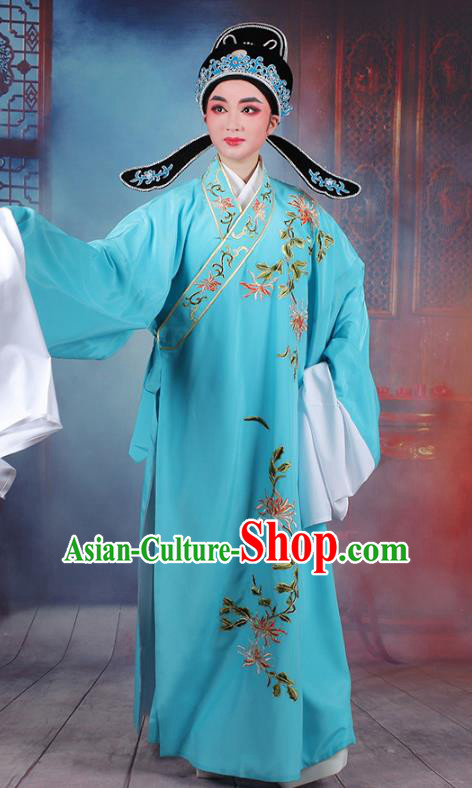 Traditional China Beijing Opera Niche Costume Lang Scholar Embroidered Blue Robe and Headwear, Ancient Chinese Peking Opera Embroidery Chrysanthemum Clothing