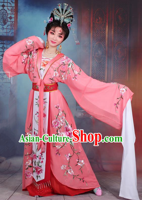 Traditional China Beijing Opera Young Lady Hua Tan Costume Peach Pink Embroidered Cape, Ancient Chinese Peking Opera Diva Embroidery Peony Water Sleeve Dress Clothing