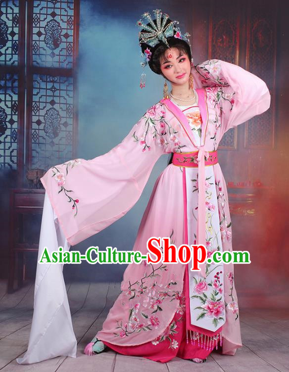 Traditional China Beijing Opera Young Lady Hua Tan Costume Pink Embroidered Cape, Ancient Chinese Peking Opera Diva Embroidery Peony Water Sleeve Dress Clothing