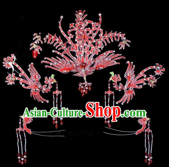 Traditional China Beijing Opera Young Lady Hair Accessories Phoenix Head-ornaments Complete Set, Ancient Chinese Peking Opera Hua Tan Headwear Diva Red Headpiece
