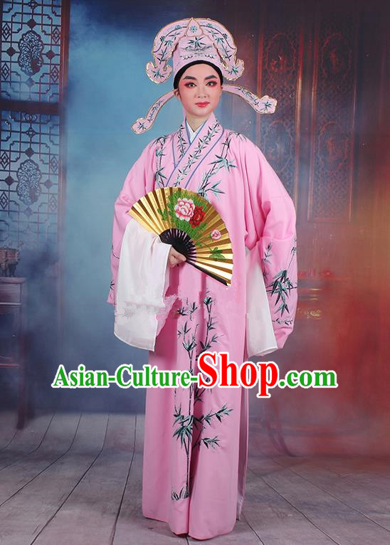 Traditional China Beijing Opera Niche Costume Gifted Scholar Pink Embroidered Robe and Headwear, Ancient Chinese Peking Opera Embroidery Bamboo Clothing