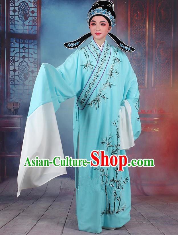 Traditional China Beijing Opera Niche Costume Gifted Scholar Blue Embroidered Robe and Headwear, Ancient Chinese Peking Opera Embroidery Bamboo Clothing