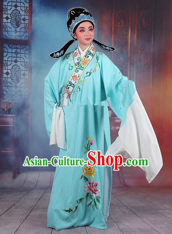 Traditional China Beijing Opera Young Men Costume Lang Scholar Blue Embroidered Robe, Ancient Chinese Peking Opera Niche Embroidery Clothing