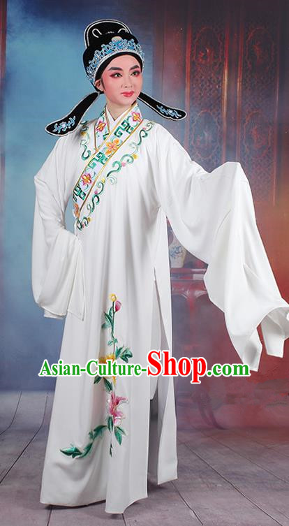 Traditional China Beijing Opera Young Men Costume Lang Scholar White Embroidered Robe, Ancient Chinese Peking Opera Niche Embroidery Clothing