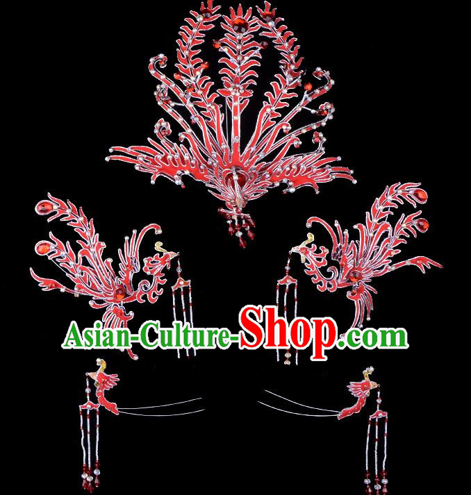 Traditional China Beijing Opera Young Lady Hair Accessories Phoenix Head-ornaments Complete Set, Ancient Chinese Peking Opera Hua Tan Headwear Diva Red Headpiece