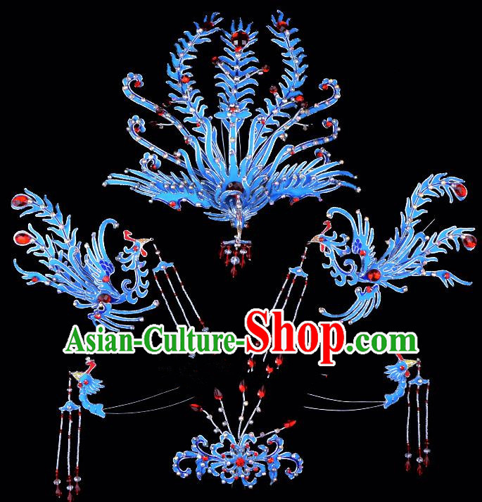 Traditional China Beijing Opera Young Lady Hair Accessories Blue Phoenix Head-ornaments Complete Set, Ancient Chinese Peking Opera Hua Tan Headwear Diva Headpiece