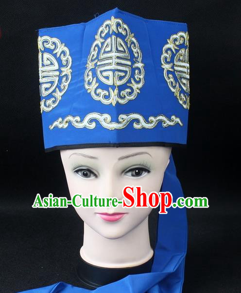 Traditional China Beijing Opera Hair Accessories Lao-Sheng Hat, Ancient Chinese Peking Opera Embroidery Blue Landlord Hat