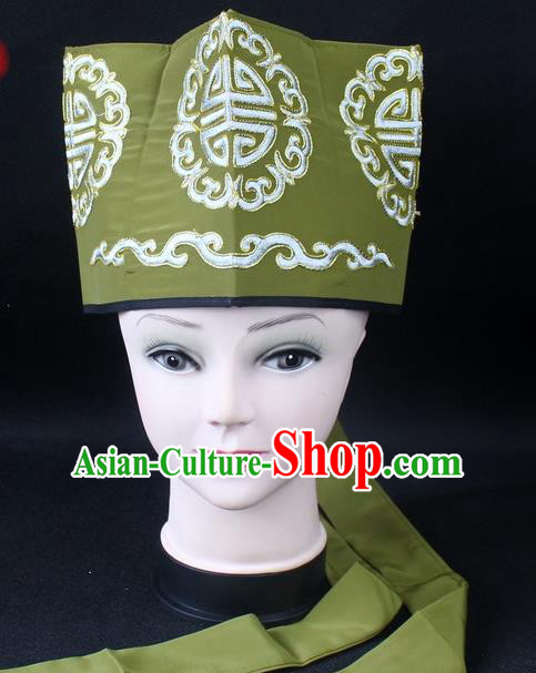 Traditional China Beijing Opera Hair Accessories Lao-Sheng Hat, Ancient Chinese Peking Opera Embroidery Green Landlord Hat