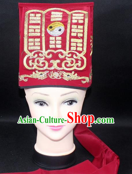 Traditional China Beijing Opera Hair Accessories Lao-Sheng Hat, Ancient Chinese Peking Opera Red Embroidery Gossip Hat