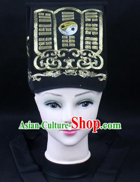 Traditional China Beijing Opera Hair Accessories Lao-Sheng Hat, Ancient Chinese Peking Opera Black Embroidery Gossip Hat