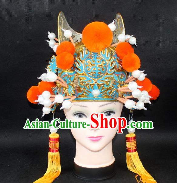 Traditional China Beijing Opera Lang Scholar Niche Hat, Ancient Chinese Peking Opera Eunuch Orange Venonat Cap Headwear Prime Minister Hat