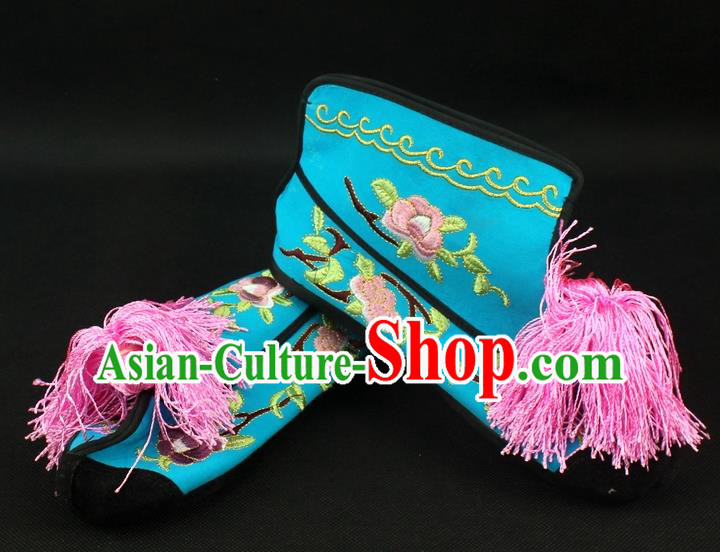 Traditional China Beijing Opera Female Warrior Embroidered Shoes, Ancient Chinese Peking Opera Blues Blue Boots